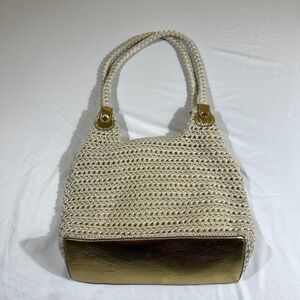 Luxy Crochet Tote Bag Cream Woven Straw Metallic Gold Base Summer Handbag